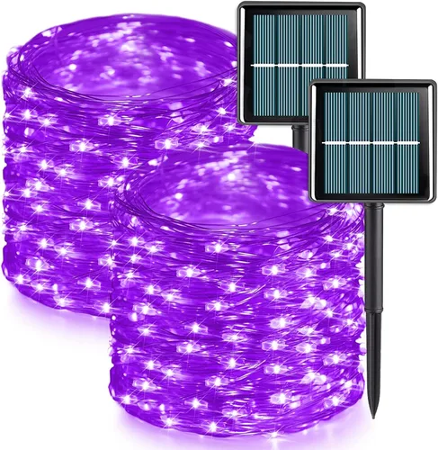 Vista 11 de QITONG Luces solares de Navidad multicolor para exteriores, paquete de 2 unidades de 200 luces LED solares de 66 pies cada uno, alambre plateado