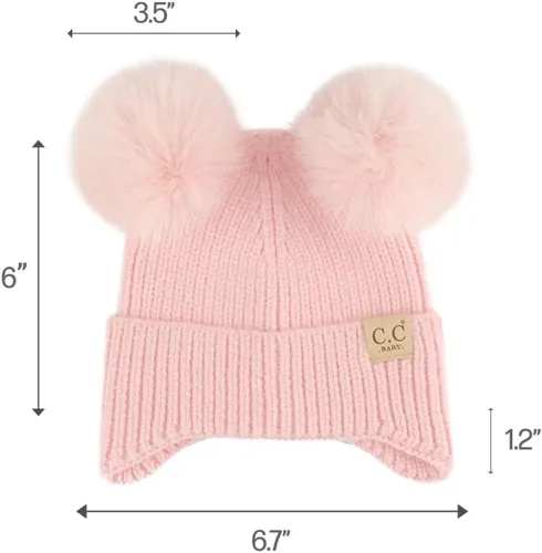 Vista 4 de C.C Gorro de piel doble con pompón para bebé con solapa para las orejas para niños y niñas, cómodo, suave, cálido, gorro de punto Skully