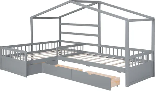 Vista 7 de Harper & Bright Designs Cama de plataforma de casa con cajones de almacenamiento y techo, marco de cama de madera tamaño individual con valla