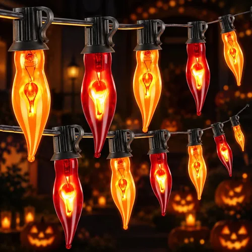 Vista 12 de Couah - Tira de luces de llama parpadeante de Halloween, color naranja, tira de luces C18 parpadeantes de 10 pies, base C18 E12, luces de chimenea