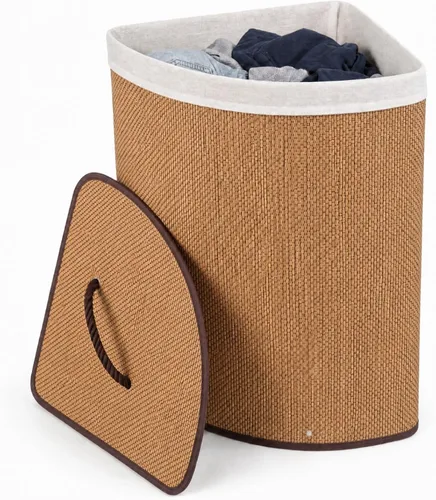 Vista 13 de GOFLAME Cesta esquinera de bambú para la ropa sucia con tapa y forro extraíble, cesta de almacenamiento con asa, adecuada para dormitorio, baño