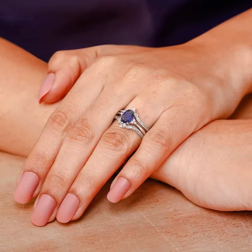 Vista 4 de Juego de anillos nupciales de zafiro azul creado y zafiro blanco creado para mujer, plata de ley 925, anillo potenciador de anillo para novia