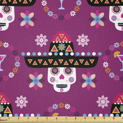 Vista 98 de Ambesonne The Yard, tela de calavera colorida con temática de Halloween, diseño de calavera y huesos cruzados, divertido estampado de dibujos