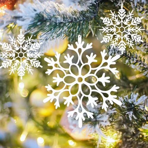 Vista 7 de 24 piezas de copos de nieve colgantes de Navidad grandes para exteriores, copos de nieve grandes blancos en diferentes tamaños para decoración