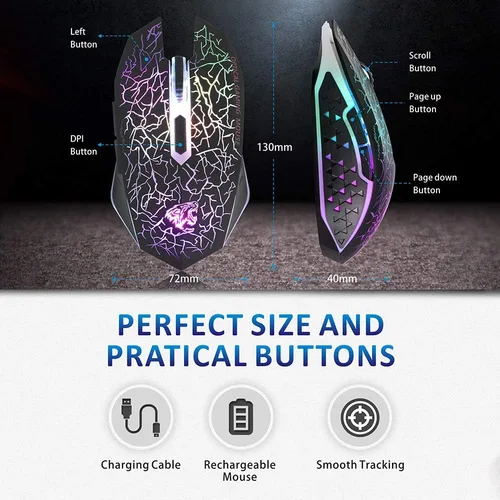 Vista 6 de TENMOS M2 - Mouse inalámbrico para juegos, mouse óptico USB silencioso recargable con luz LED de 7 colores, diseño ergonómico, 3 DPI ajustables