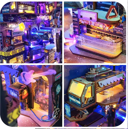 Vista 7 de Cyberpunk - Kit de rincón de libro con luz LED, rompecabezas de madera 3D para decoración de estantes de libros, kit de casa de muñecas