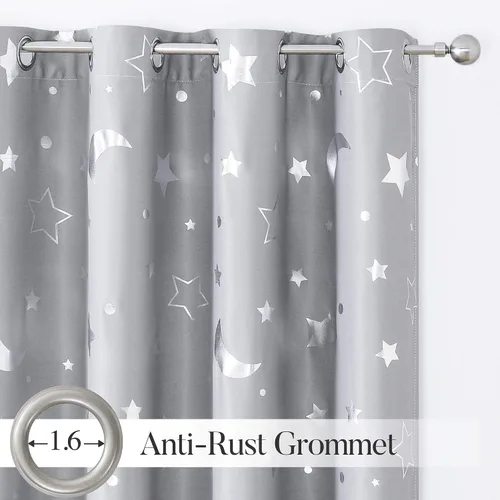 Vista 2 de WUBODTI Cortinas grises 100% opacas con diseño de estrellas para habitación de niños, 45 pulgadas de largo, juego de 2 paneles de cortinas