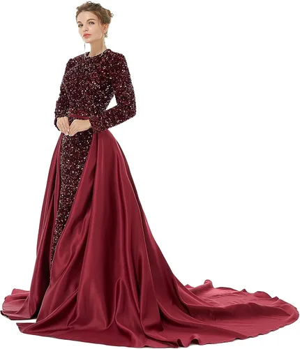 Vista 2 de Women's Long Sleeves Sequins Mermaid Evening Dress Formal Ball Gown Detachable Train