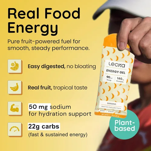 Vista 2 de Lecka Gel energético, 12 geles para ejercicio de resistencia, fabricado con frutas reales y semillas de albahaca, proporciona energía natural
