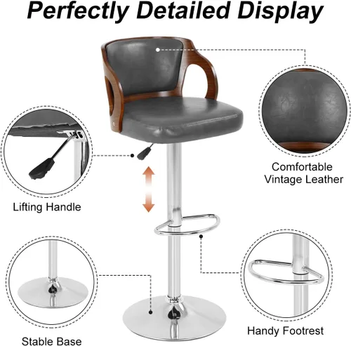 Vista 4 de Juego de 2 taburetes de bar modernos de piel sintética con base resistente, respaldo, acolchado para cocina, pub, comedor, cafetería