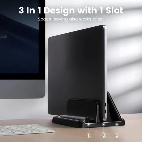 Vista 2 de Soporte vertical 3 en 1 para laptop, base ajustable de plástico ABS para computadora de escritorio, soporte vertical para laptop, ahorro de espacio