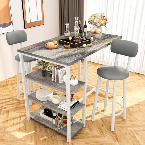 Vista 10 de DKLGG Juego de mesa de comedor para 2, mesa de pub de altura de mostrador con 2 taburetes de bar de PU de respaldo ancho y 3 estantes de Negro