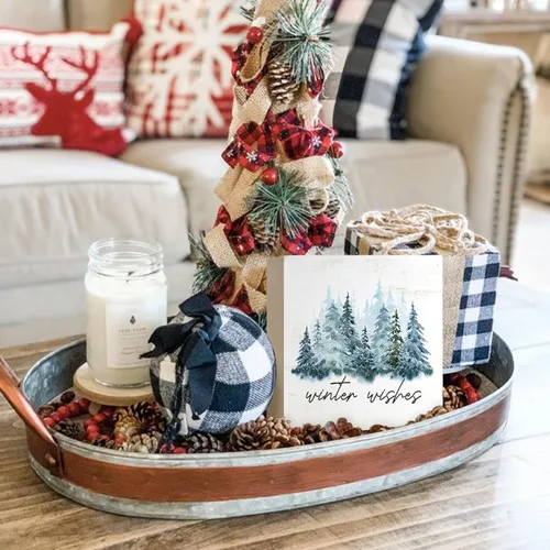 Vista 4 de MTRGDN Decoración de árbol de invierno, letrero de Navidad y decoración de Navidad, placa de bloque de madera rústica para el hogar