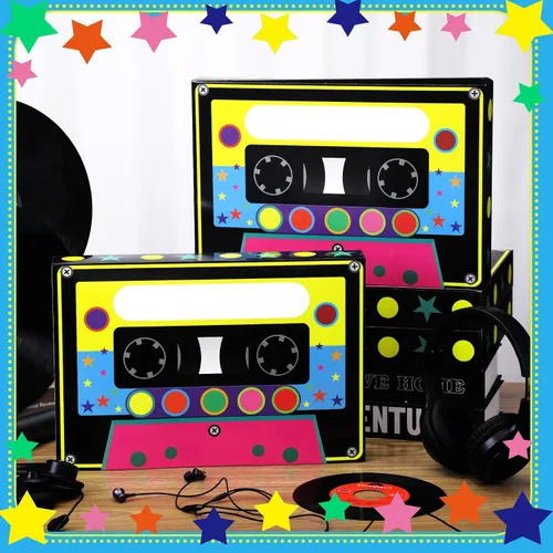 Vista 3 de Fuyoooo 4 cajas de decoración de fiesta de los años 80 y 90, cajas grandes de 16 x 10 pulgadas, cajas de regalo de cinta de casete de hip hop