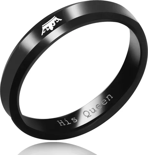 Vista 3 de Uloveido - Juego de 2 anillos para parejas, con grabado her king (el rey de ella) y his queen (la reina de él), hechos de acero de titanio, a juego