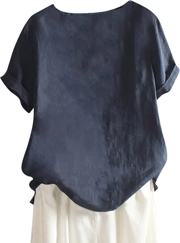 Vista 3 de Camisas de lino para mujer, blusas sueltas de lino para mujer, blusa de mezcla de algodón de manga corta para verano