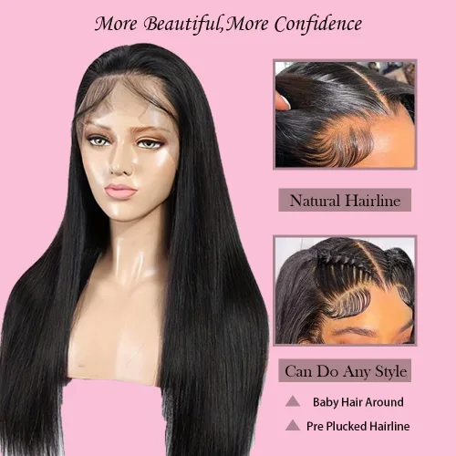Vista 6 de Peluca de encaje frontal de 13 x 4 pulgadas, cabello humano lacio de 34 pulgadas, línea de cabello natural prearrancada, sin pegamento, densidad 180