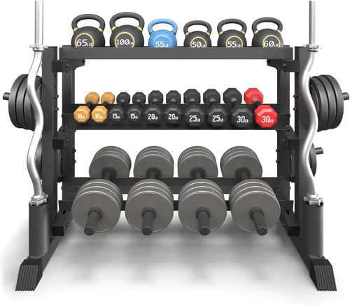 Vista 10 de Estante para mancuernas de 3 niveles, capacidad de 1200 libras, soporte de peso ajustable para gimnasio en casa, soporte de peso resistente