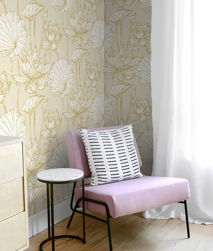 Vista 7 de NextWall - Papel tapiz para pared, diseño de loto floral (Oro metálico y crema)