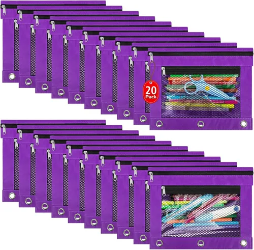 Vista 9 de Paquete de 20 bolsas para lápices para carpetas de 3 anillos con cremallera, bolsas para lápices para aula, bolsa a granel para lápices, estuche