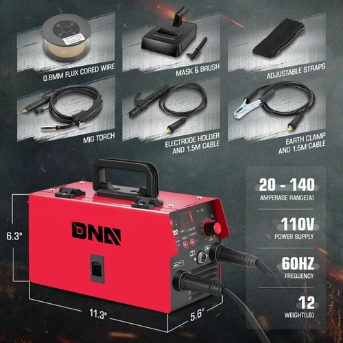 Vista 3 de DNA Motoring Soldador MIG portátil 140A, Soldador de núcleo de flujo de 110 V, 2 en 1 Stick MMA/Flux MIG Máquina de soldadura IGBT Inversor, Máquina