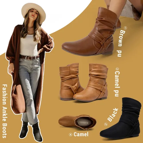 Vista 5 de Vepose Botas planas de tobillo holgado para mujer, botines cortos de tacón bajo con cremallera 939A