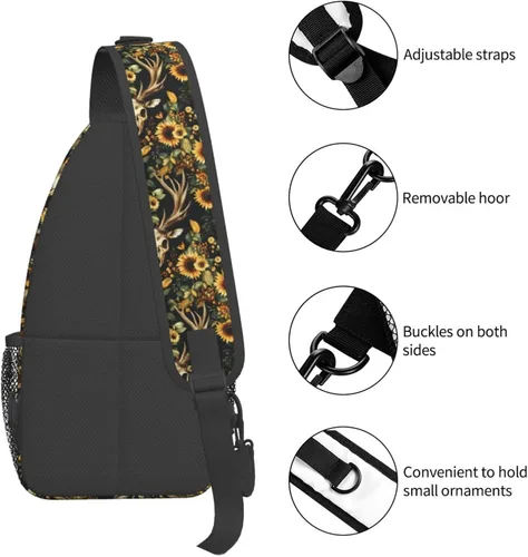 Vista 3 de Small Crossbody Bags for Women Men - Vintage Deer Skull Sunflowers Print Adjustable Shoulder Bag Fanny Packs Belt Sling Bag Crossbody Purses