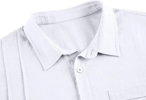 Vista 3 de Ryannology Guayabera - Camisas de lino de manga corta con botones para hombre, estilo casual, playa, campamento cubano, camisa mexicana para hombre