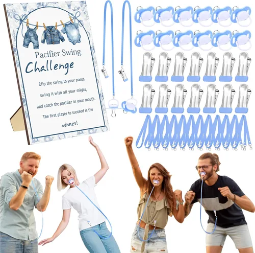 Vista 20 de Geelin Juego de 12 juegos de chupete con columpio para baby shower, juegos divertidos de revelación de género, incluye 1 letrero de madera y 12