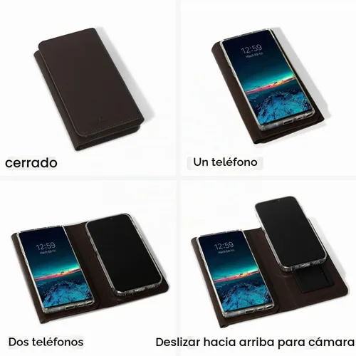 Vista 3 de Funda Duo para 2 teléfonos Funda de cuero de alta calidad multiusos para teléfono celular, cartera para teléfono celular Variación plegable Negro