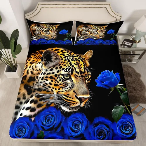 Vista 20 de Erosebridal Juego de sábanas bajeras de rosas rojas y leopardo, tamaño individual, diseño de animales africanos salvajes, diseño de plantas