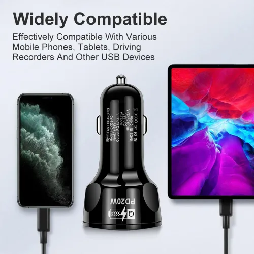 Vista 4 de Cargador de coche de luz de cigarrillo de carga rápida USB de 4 puertos 3 x 2.4 A USB/ 1 PD20W luz LED compatible con tabletas cámaras iPhone 14 13