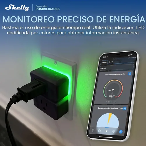 Vista 5 de Shelly Enchufe inteligente UL, WiFi, Bluetooth, Zigbee, salida de materia con medición de energía, funciona con HomeKit, Google Home, Alexa, Home