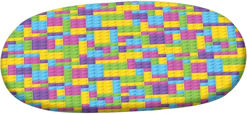 Vista 3 de Mantel ovalado ajustable, colorido con bordes elásticos de poliéster, diseño de bloques de construcción de plástico, cubos geométricos de juegos, se