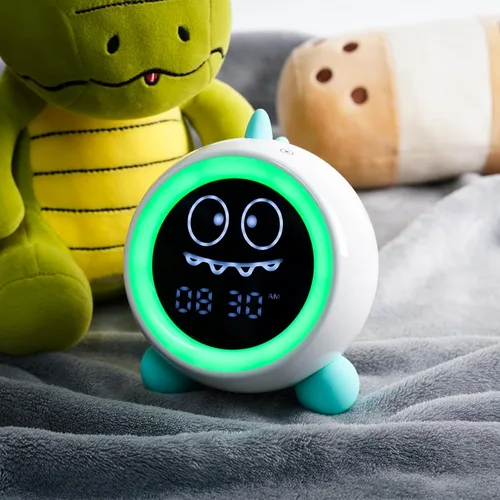 Vista 5 de Reloj despertador para niños, reloj de entrenamiento para dormir con luces nocturnas, máquina de sonido, reloj despertador de dinosaurio para niños