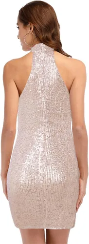 Vista 4 de A ARFAR Vestido de fiesta de noche para mujer, vestido sin mangas con lentejuelas, cuello halter, vestido largo formal, vestidos de fiesta