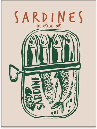 Vista 20 de Impresiones de Sardinas - Pósteres de pared de cocina de moda, diseño de rayas verdes, retro y moderna, estética de alimentos para el hogar
