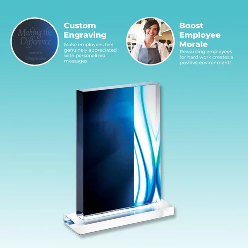 Vista 4 de Trofeo grabado – Acrílico azul – Forma rectangular – Acentos de rayas de colores – Grabado personalizado – Premio para empleados Logotipo