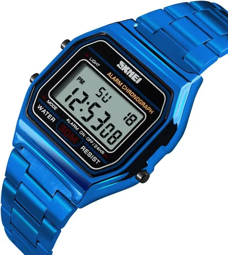 Vista 2 de PASOY - Reloj digital de acero inoxidable con retroiluminación, multifunción, cronómetro, resistente al agua, para hombre