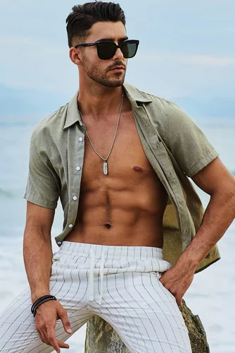 Vista 6 de JMIERR Camisas de vestir a rayas con botones y manga corta para hombre