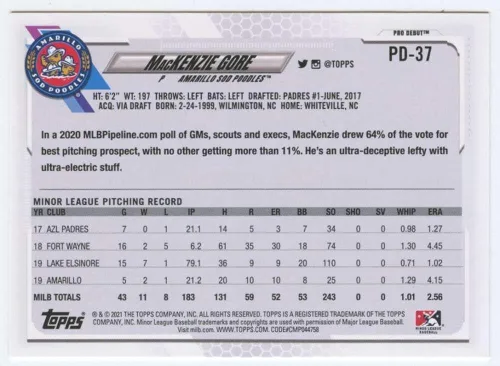 Vista 2 de 2021 Topps Pro Debut #PD-37 MacKenzie Gore Amarillo Sod Poodles RC Rookie Baseball Trading Card
