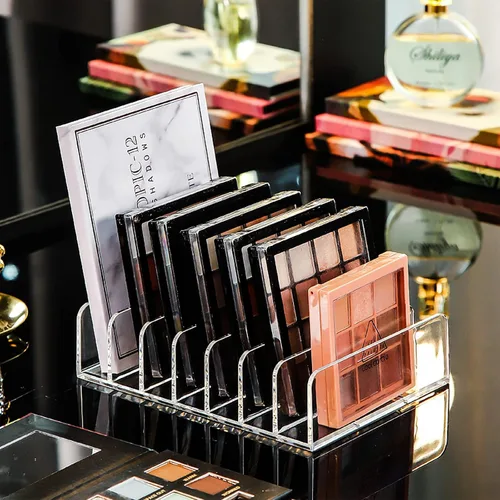 Vista 6 de Vowcarol Organizador de paleta de sombras de ojos, acrílico de 7 secciones divididas para paleta de maquillaje, soporte organizador - transparente