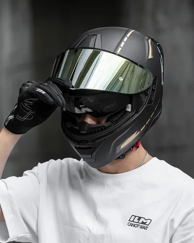 Vista 8 de ILM Cascos de motocicleta de cara completa para adultos, hombres y mujeres, doble visera Powersports Motorbike Street Racing 619 (negro dorado, S)