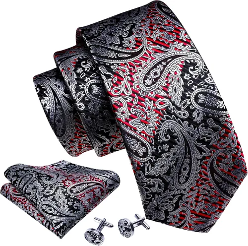 Vista 212 de Barry.Wang - Juego de corbata de seda para hombre, diseño de cachemira, pañuelo y gemelos de bolsillo