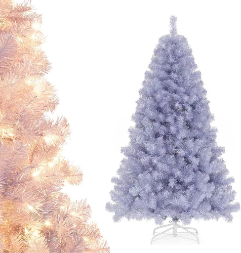 Vista 12 de COSTWAY Árbol de Navidad flocado de nieve de 6 pies, pino artificial con bisagras Blanco