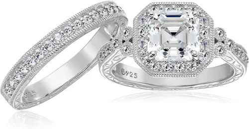 Vista 15 de Amazon Essentials Anillo antiguo de plata de ley chapada en platino o oro con circonita cúbica de elementos infinitos de corte Asscher