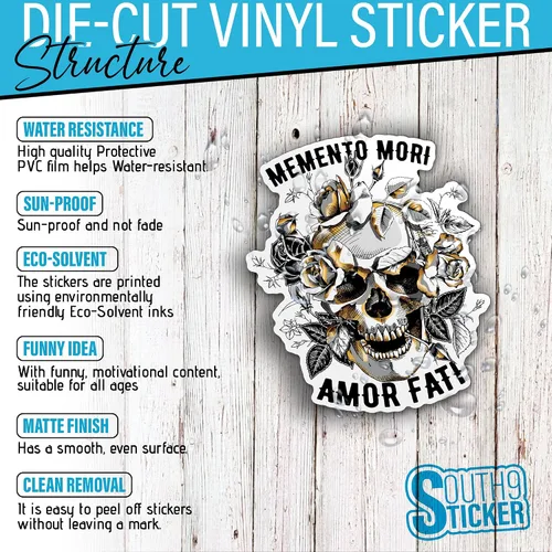 Vista 3 de Calcomanías de vinilo troqueladas con diseño de Memento Mori Amor Fati Skull Gold Roses Flowers para casco duro, botella de agua, laptop, monopatín