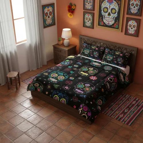 Vista 2 de Manfei Juego de edredón de calavera de azúcar para niños, juego de ropa de cama con temática de calaveras de Halloween, ropa de cama de estilo Azul