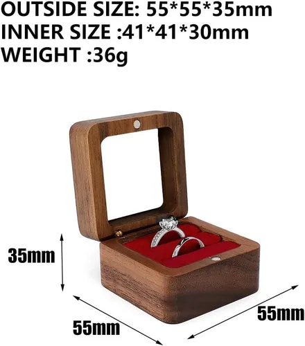 Vista 5 de Caja de anillo de madera, funda transparente para anillo de tragaluz, caja cuadrada de madera maciza para almacenamiento de joyas, almohada