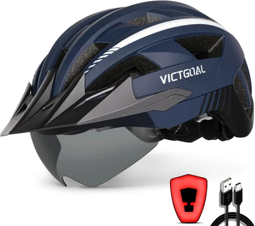 Vista 19 de VICTGOAL Casco de bicicleta con luz trasera recargable por USB, gafas magnéticas desmontables, visera solar extraíble, cascos de bicicleta de Negro